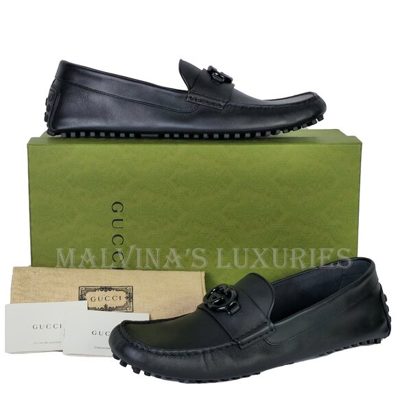 GUCCI SHOES MENS LOAFERS MOCCASINS G LOGO BLACK LEATHER - Picture 2 of 15